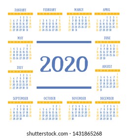 Calendar 2020 year. Vector design template. Color English square pocket calender. Week starts on Sunday