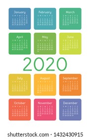 Calendar 2020 year. Vector design template. Colorful English vertical pocket calender. Week starts on Sunday