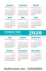 Calendar 2020 year. Vector design template. English vertical pocket calender. Week starts on Sunday