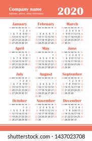 Calendar 2020 year. Vector design template. Colorful English vertical pocket calender. Week starts on Sunday
