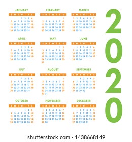Calendar 2020 year. Vector design template. Color English square pocket calender. Week starts on Sunday