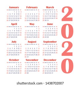 Calendar 2020 year. Vector design template. Color English square pocket calender. Week starts on Sunday