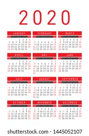 Calendar 2020 year. Vector design template. English vertical pocket calender. Week starts on Sunday