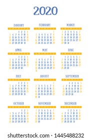 Calendar 2020 year. Vector design template. English vertical pocket calender. Week starts on Sunday