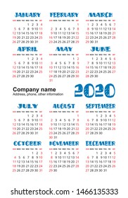 Calendar 2020 year. Vector design template. English vertical pocket calender. Week starts on Sunday