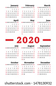 Calendar 2020 year. Vector design template. English vertical pocket calender. Week starts on Sunday