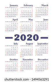 Calendar 2020 year. Vector design template. English vertical pocket calender. Week starts on Sunday