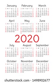 Calendar 2020 year. Vector design template. Week starts on Sunday