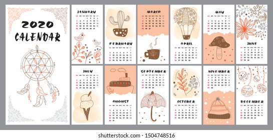 Calendar 2020 year. Vector design template set.