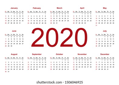 Calendar 2020 year vector design template. Week starts from Sunday. Isolated vector illustration on white background.
