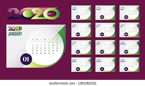 Calendar 2020 year vector design template. Simple 2020 annual calendar. Vector calendar for 2020. Year mouse