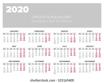 Calendar 2020 year vector design template, start on monday