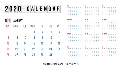 Calendar for 2020 year vector illustration. Basic grid colorful design. Organizer template in black, blue and red colors, Business planner, organizer with flipboard text and numbers layout