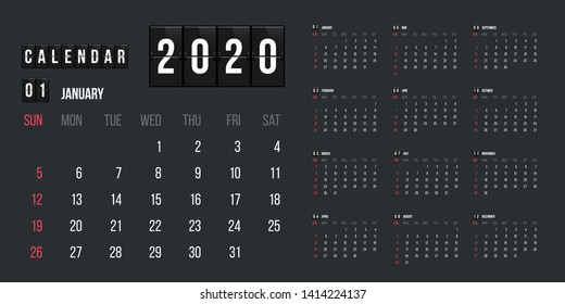 Calendar for 2020 year vector illustration. Basic grid colorful design. Organizer template in black, blue and red colors, Business planner, organizer with flipboard text and numbers layout