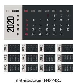 Calendar for 2020 year vector illustration. Basic grid colorful design. Organizer template in black, blue and red colors, Business planner, organizer with flipboard text and numbers layout