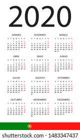 Calendar 2020 year - vector illustration. Portuguese version