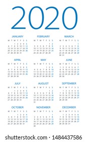 Calendar 2020 year - vector illustration. Week starts on Monday