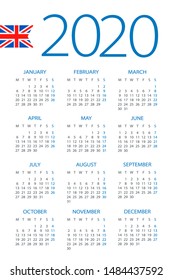 Calendar 2020 year - vector illustration. English version. Week starts on Monday