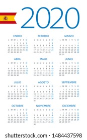 Calendar 2020 year - vector illustration. Spanish version