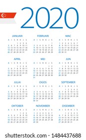Calendar 2020 year - vector illustration. Singaporean version