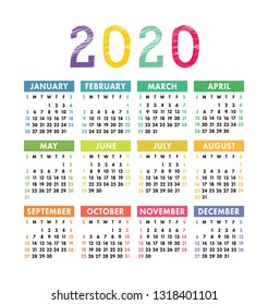 Calendar 2020 year. Vector pocket or wall calender template. Colorful design. Week starts on Sunday