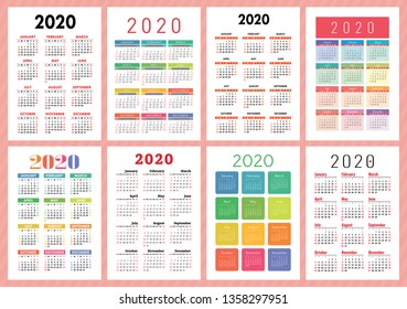 Calendar 2020 year. Vector template collection. Colorful English pocket calender set. Week starts on Sunday