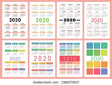 Calendar 2020 year. Vector template collection. Colorful English pocket calender set. Week starts on Sunday