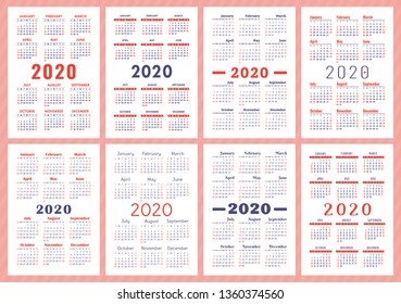 Calendar 2020 year. Vector template collection. Colorful English pocket calender set. Week starts on Sunday