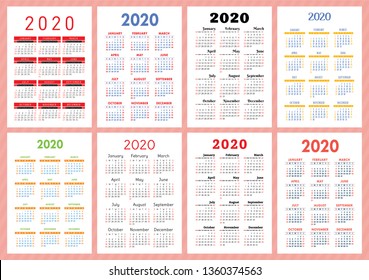 Calendar 2020 year. Vector template collection. Colorful English pocket calender set. Week starts on Sunday