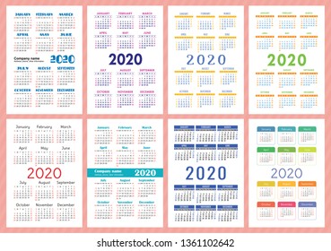 Calendar 2020 year. Vector template collection. Colorful English pocket calender set. Week starts on Sunday