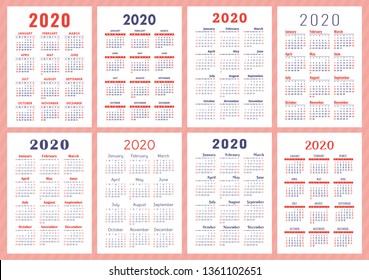 Calendar 2020 year. Vector template collection. English pocket calender set. Week starts on Sunday