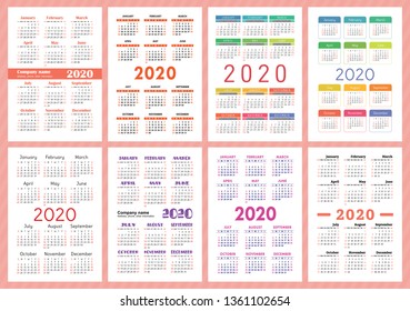 Calendar 2020 year. Vector template collection. Colorful English pocket calender set. Week starts on Sunday