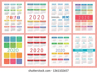Calendar 2020 year. Vector template collection. Colorful English pocket calender set. Week starts on Sunday