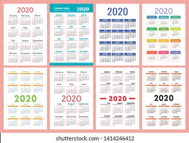 Calendar 2020 year vector template collection. Colorful English pocket calender set. Week starts on Sunday