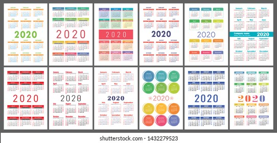 Calendar 2020 year. Vector template collection. Colorful English pocket calender set. Week starts on Sunday