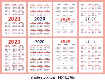 Calendar 2020 year. Vector template collection. English wall calender set. Week starts on Sunday