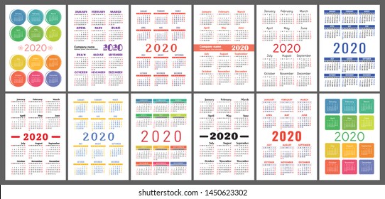 Calendar 2020 year. Vector template collection. Colorful English pocket calender set. Week starts on Sunday