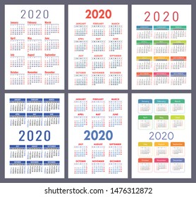 Calendar 2020 year. Vector template collection. Colorful English pocket calender set. Week starts on Sunday. New year