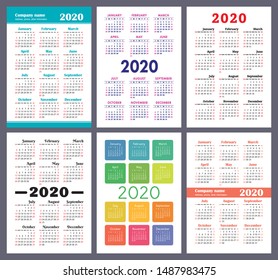 Calendar 2020 year. Vector template collection. Colorful English pocket calender set. Week starts on Sunday