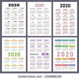 Calendar 2020 year. Vector template collection. Colorful English pocket calender set. Week starts on Sunday