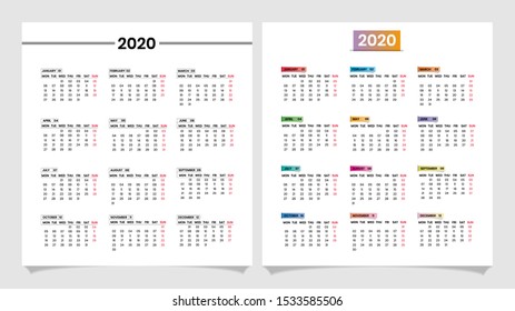 calendar 2020 year. Vector template collection. week starts on monday