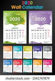 Calendar 2020 year. Vector template collection. Week starts on monday