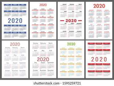 Calendar 2020 year. Vector template collection. Colorful English pocket calender set. Week starts on Sunday