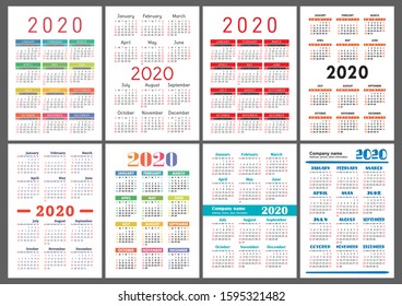 Calendar 2020 year. Vector template collection. Colorful English pocket calender set. Week starts on Sunday