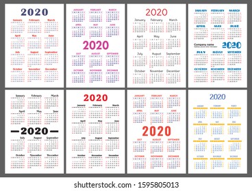 Calendar 2020 year. Vector template collection. Colorful English pocket calender set. Week starts on Sunday
