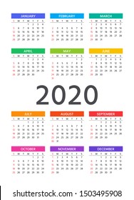 Calendar 2020 year. Vector. Week starts Sunday. Stationery template. Layout grid. Yearly calender organizer in minimal, simple design. Portrait orientation, English.  