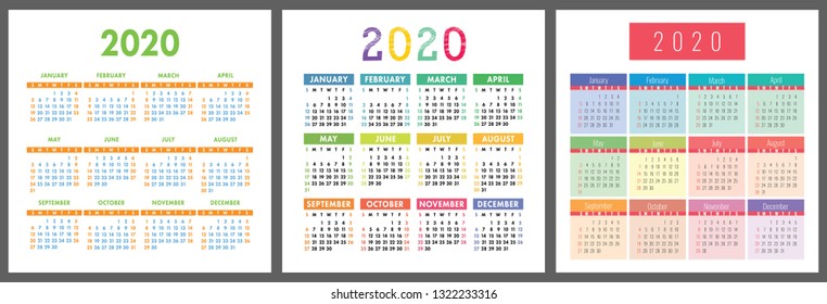 Calendar 2020 year. Vertical vector calender design template. Colorful set. Week starts on Sunday