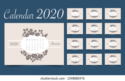 Calendar for 2020 year with vintage rose flowers. Set of page templates with months,decorative floral vector illustration.