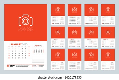Calendar for 2020 year. Wall calendar planner template. Week starts on Sunday. Typographic design template. Set of 12 months. Vector illustration