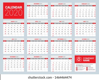 Calendar for 2020 year. Wall calendar planner template. Week starts on Sunday. Typographic design template. Set of 12 months. Vector illustration 